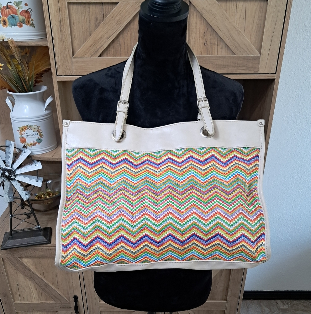 Vintage Sag Harbor Multicolor Chevron Tote Hand Bag Faux Leather Boho Retro